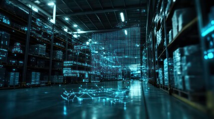 Poster - In a logistics center, supply chain network diagram is projected holographically with dynamic and dramatic compositions, including stock copy