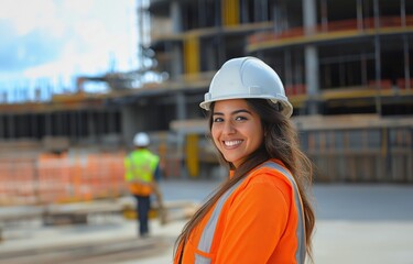 A happy female engineer at a building site..