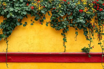 Photo of a yellow wall with a red border, with green plants․ 