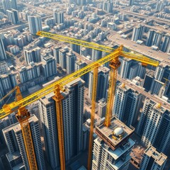 Aerial view of urban construction, massive yellow tower cranes, dense cityscape, high-rise buildings, modern architecture, concrete jungle, bird's eye perspective, geometric patterns, urban developmen