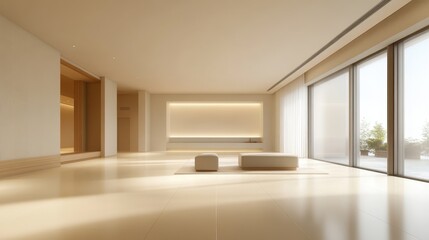 A large, empty living room with a white wall and tan floor