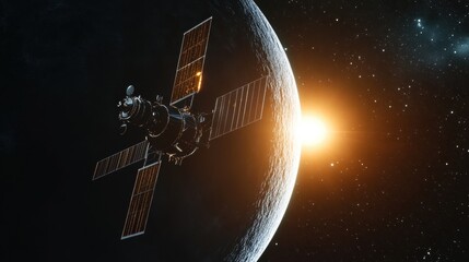 satellite orbiting near planets with bright sun in space