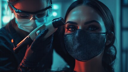 Beautician holding beauty laser near woman face covered with carbon mask