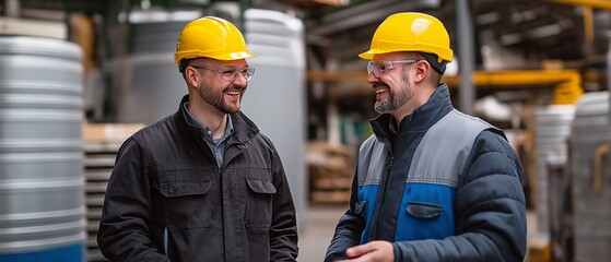 Two intelligent and happy engineers discuss elements of production at work.