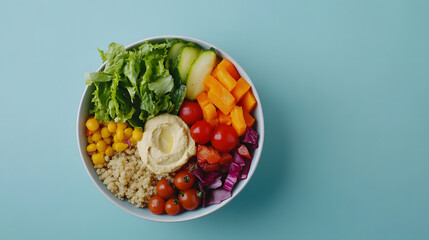 Buddha-Bowl mit Gemüse und Hummus auf blauem Hintergrund