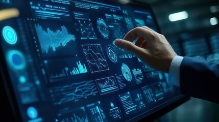 Poster - A hand interacts with a digital display showcasing data visualizations and analytics.