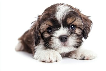 Adorable puppy with fluffy brown and white fur, looking curiously at the camera. Perfect for pet lovers and animal enthusiasts.