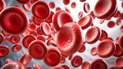 Red blood cells flow on white background, Medical concept 