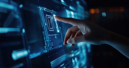 Hand touching a futuristic digital interface with a glowing blue light.