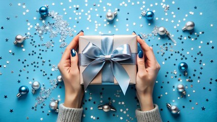 a woman holding a gift with a blue ribbon