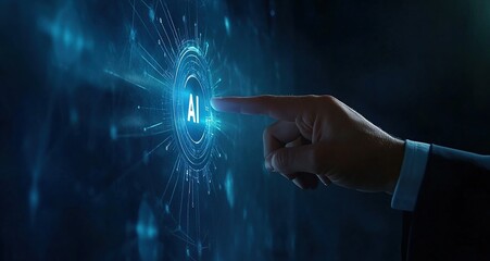 Hand pointing at AI icon on futuristic digital interface.