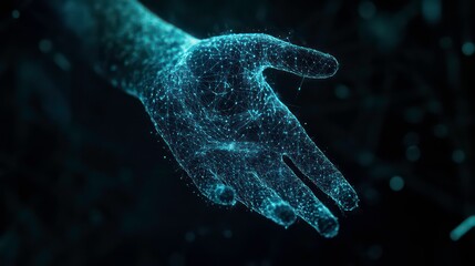 Aufkleber - On a dark background, a digital hand hologram is seen on a copy space. The brain is connected with stock. The communication is based on neural networks.