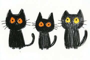 Naklejka na meble Three playful black cats with striking orange and yellow eyes drawn in a whimsical style on a white background