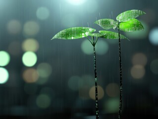 two small green plants are growing in the rain