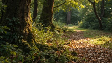 Wall Mural - A path in the woods with moss covered trees and leaves