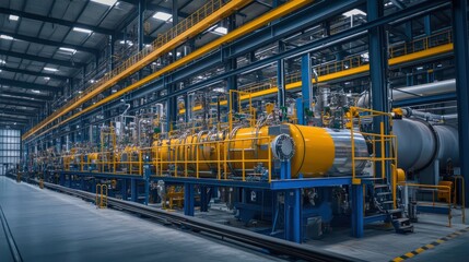 Poster - Industrial facility with large machinery and piping for processing or manufacturing.