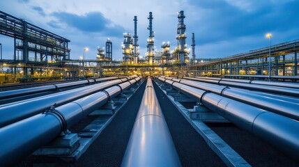 Poster - Industrial scene with pipelines leading to a refinery illuminated at dusk.