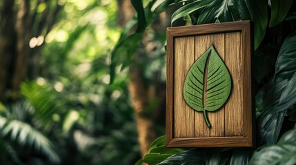 Poster - A wooden sign with a green leaf symbol on a lush nature background, promoting sustainability and environmental awareness