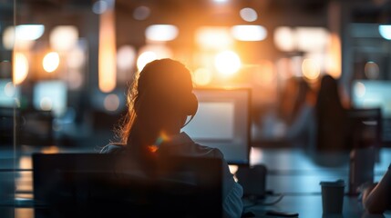 Wall Mural - A person sits at a desk working on a computer. AI.