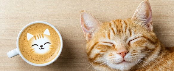 Cat is sleeping on a table next to a cup of coffee. The cat has a smile on its face and the coffee cup has a cat design on it. The scene is peaceful and relaxing