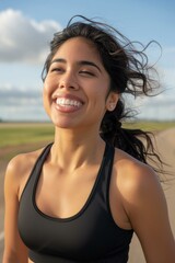 Wall Mural - A woman smiles while standing outside. AI.