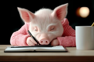 Pig is sitting at a desk and writing in a notebook. pig is wearing a pink sweater and he is relaxed. scene suggests playful atmosphere, as pigs are not typically associated with writing or office work