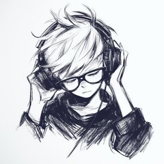 A hand-drawn illustration of a young man wearing headphones and glasses, listening to music with a relaxed expression.