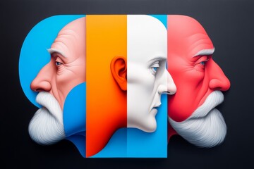 Wall Mural - man's face is shown in three different colors, with the top left being blue, the top right being ora
