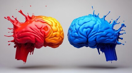 Two brains with red and blue paint splattered on them. The red brain is on the left and the blue brain is on the right