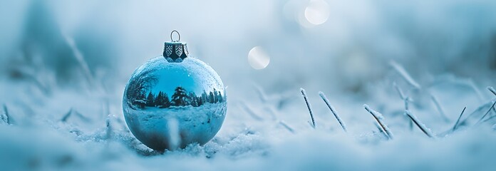 Wall Mural - Empty christmas bauble over the winter, snowy background with copy space，banner