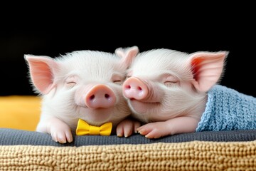 Two baby pigs are sleeping on a bed with a yellow bow tie. They are both smiling and seem to be very happy