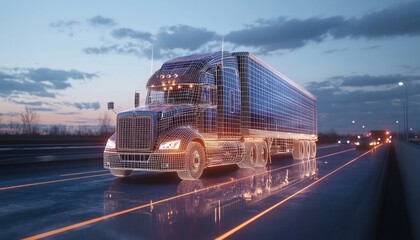 Wall Mural - virtual airport freight area displays a wireframe cargo plane in augmented reality.