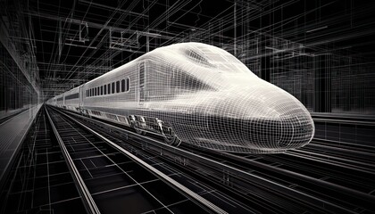 Wall Mural - high-speed bullet train displayed in digital wireframe on a vr railway track.