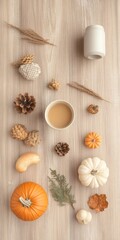 Wall Mural - Autumn Flat Lay with Pumpkins and Cozy Beverages for Thanksgiving and Halloween Themes