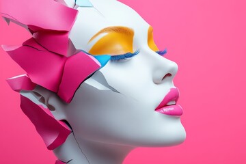 Wall Mural - woman's face is painted with bright colors and pink flowers. makeup is bold and colorful, giving the