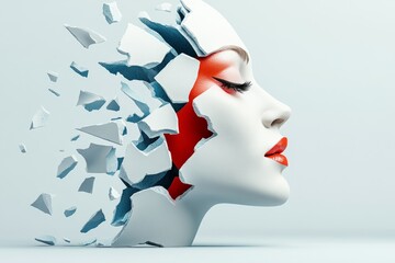 Wall Mural - woman's face is shown with a broken, shattered appearance. work of art, with the woman's face being 