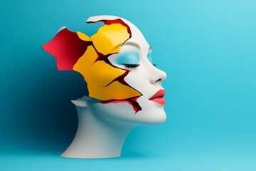 Wall Mural - woman's face is shown with a broken nose and a red and yellow face. the image is a work of art that 