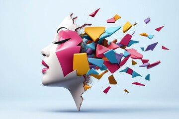 Wall Mural - woman's face is shown in a piece of art with a lot of colorful pieces scattered around it. concept o