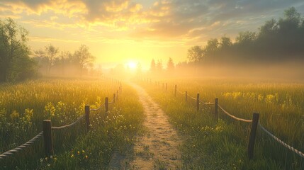 Wall Mural - A serene landscape featuring a sunlit path through tall grass, bordered by a rustic fence, This image evokes tranquility, ideal for nature-themed projects, publications, or wellness initiatives,