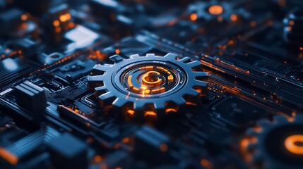 Poster - A close-up of a metallic gear on a circuit board, symbolizing technology and innovation.