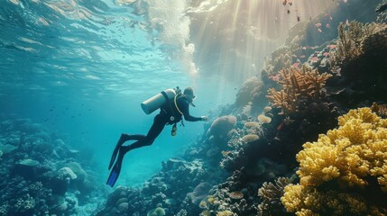 Scuba diver in tropical sea marine coral reef underwater, AI generated image