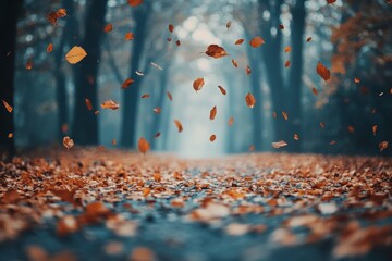 Wall Mural - Autumn Forest Path with Falling Leaves and Misty Atmosphere