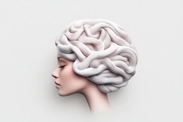 Wall Mural - woman's head is covered in white fabric, giving it a brain-like appearance. concept of creativity an