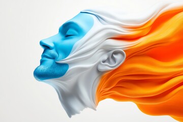 Wall Mural - man's face is painted blue and white with orange hair. the hair is flowing and the man is smiling. t