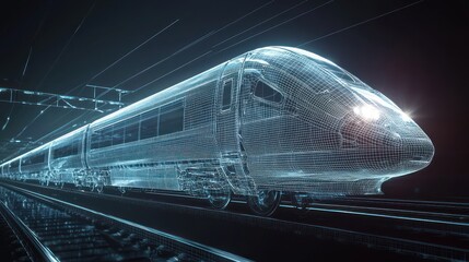 Wall Mural - high-speed futuristic train in a low poly digital wireframe, focusing on modern transit.