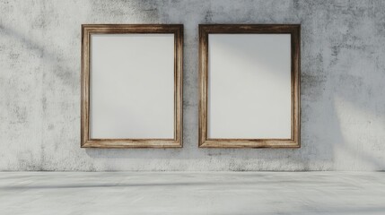 Wall Mural - Two vacant rustic picture frames rest against a white concrete wall, offering a charming backdrop for creative displays with ample copy space around the rustic picture frames.