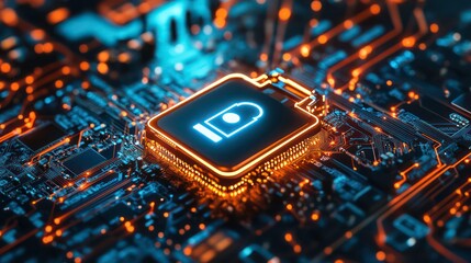 Poster - A close-up of a circuit board featuring a glowing security symbol, representing technology and protection.