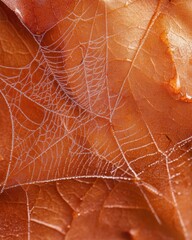 Canvas Print - Dew-Covered Spider Web on Autumn Leaves in Morning Light - Natures Intricate Details