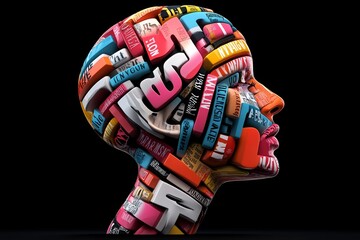 Wall Mural - woman's head made of books. the head is made of many different colored books, and the books are arra