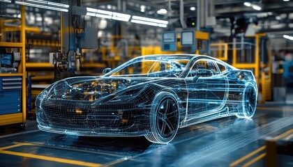 Wall Mural - advanced manufacturing processes illustrated by a digital wireframe car in a factory.